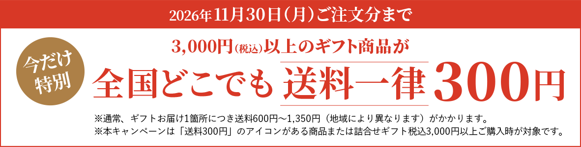 今だけ特別。2026年11月30日（月）ご注文分まで。3,000円（税込）以上のギフト商品が全国どこでも送料一律300円※通常、ギフトお届け1箇所につき送料600円～1,350円（地域により異なります）がかかります。※本キャンペーンは「送料300円」のアイコンがある商品のみが対象です。