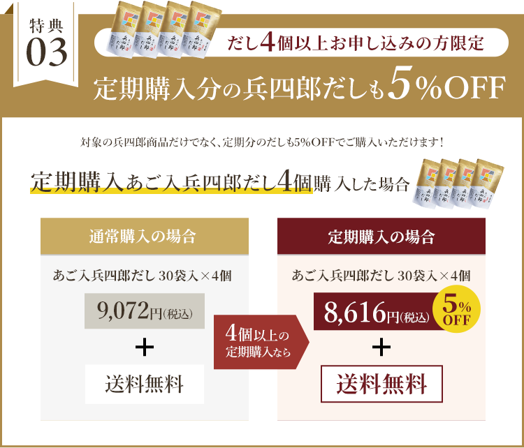 特典02 だし4個以上お申し込みの方限定定期購入分の兵四郎だしも5%OFF