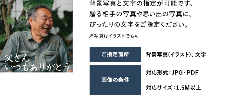 背景写真と文字の指定が可能です。贈る相手の写真や思い出の写真に、ぴったりの文字をご指定ください。※写真はイラストでも可